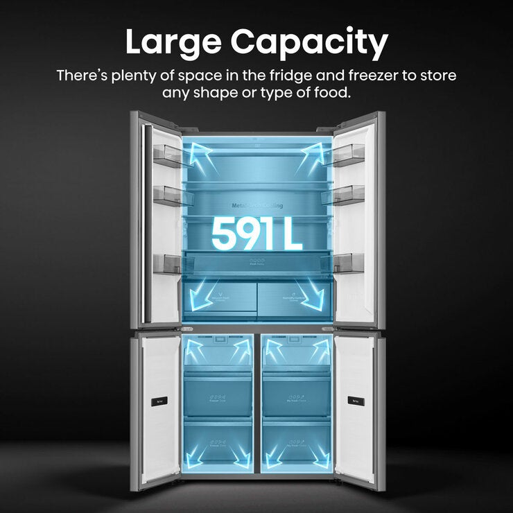 Hisense KitchenFit RQ768N4GVE, Non Plumbed Multidoor Fridge Freezer, E Rated In Silver Glass