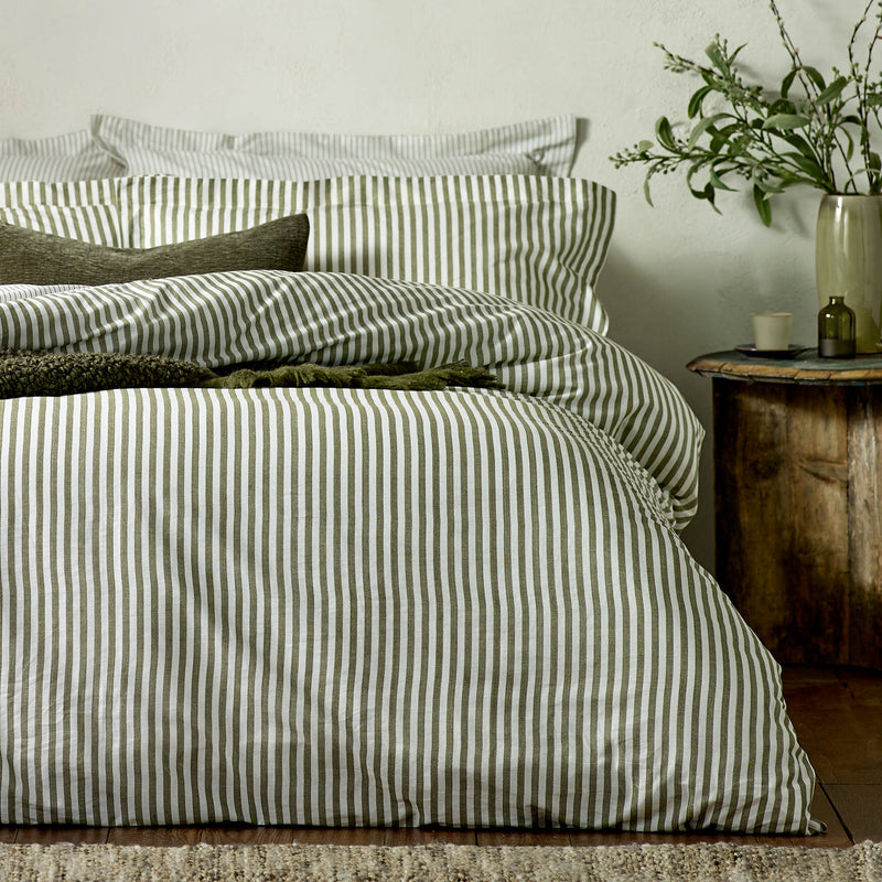 Hebden Green Stripe 100% Cotton Duvet Cover Set | Olive Bedding | Yard – Riva Home