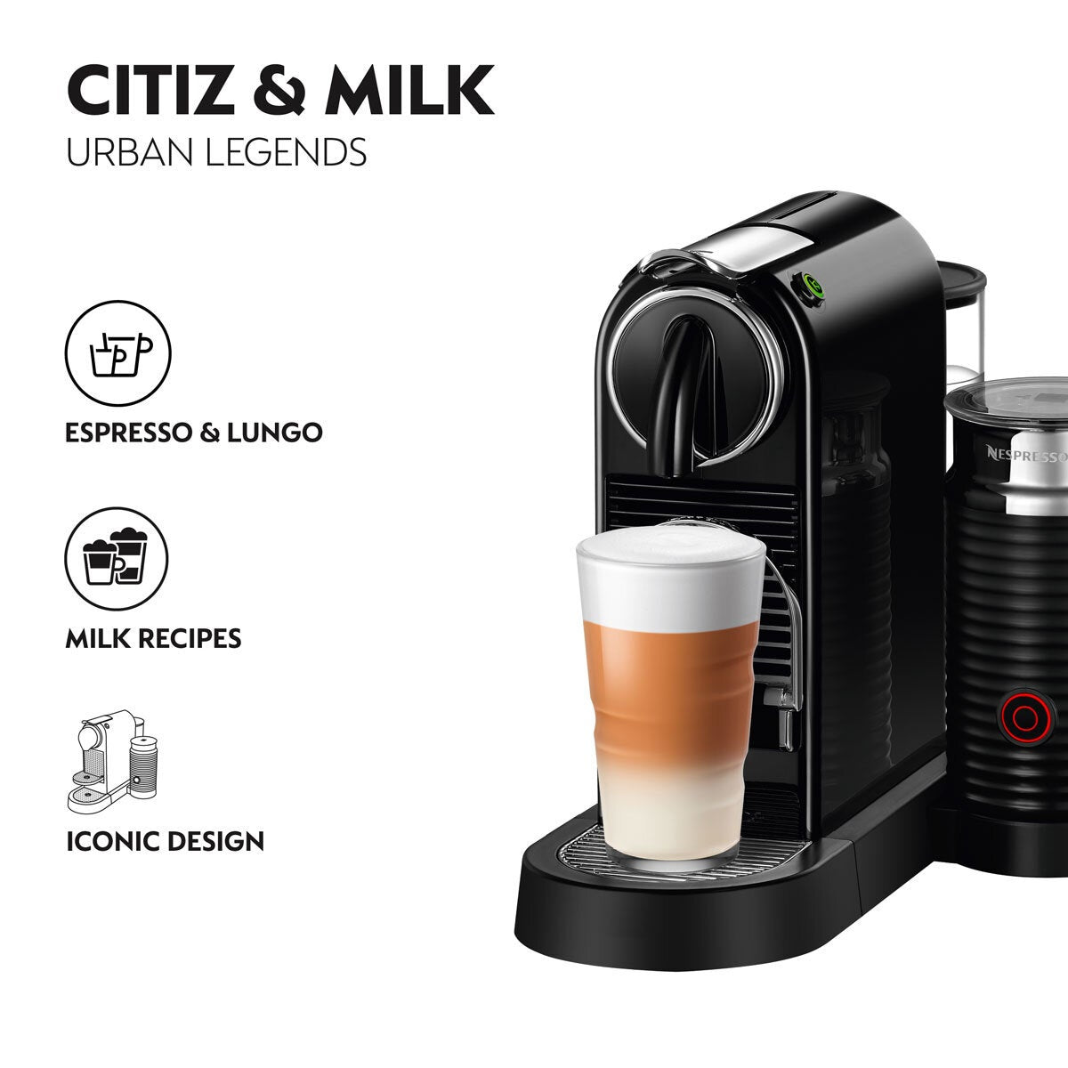 Nespresso by De'Longhi Citiz Capsule Coffee Machine & Aeroccino Milk Frother, Black