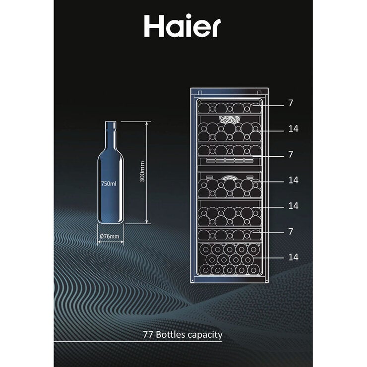 Haier HWS77GDAU1 77 Bottle Dual Zone Wine Cooler, G Rated in Black