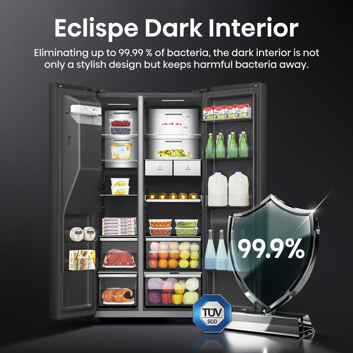 Hisense PureFlat Eclipse RS9P628GPFE, Plumbed Side By Side Fridge Freezer, E Rated In Dark Steel