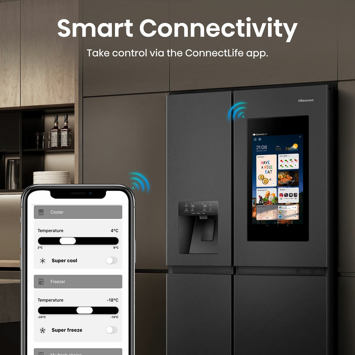 Hisense PureFlat Eclipse RS9P628GPFE, Plumbed Side By Side Fridge Freezer, E Rated In Dark Steel