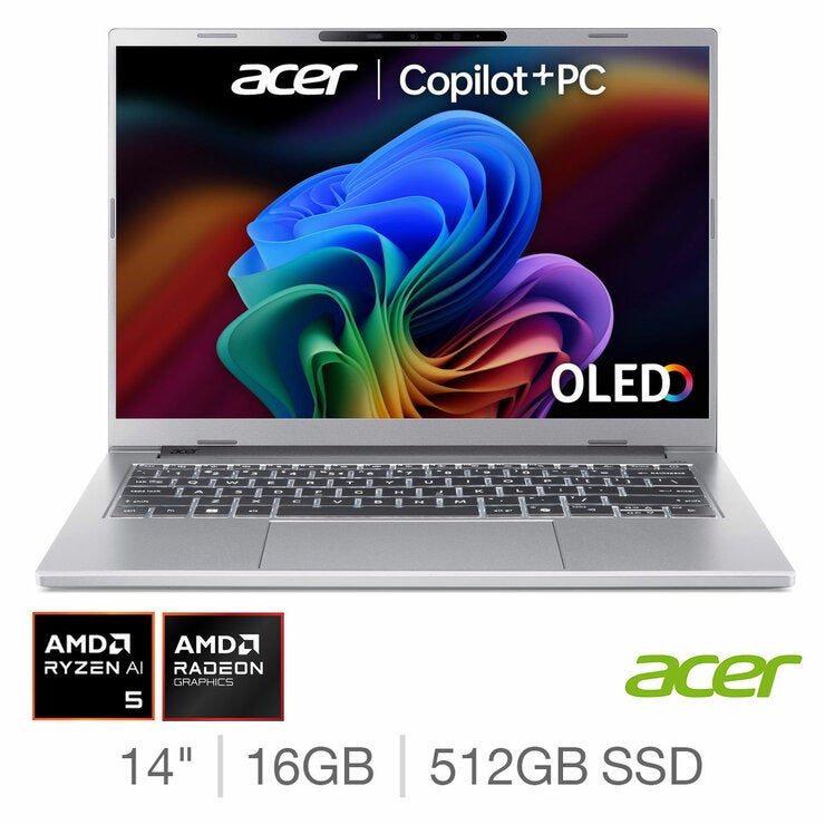 Acer Aspire 14 AI, Copilot+ PC, AMD Ryzen AI 5, 16GB RAM, 512GB SSD, 14 Inch OLED Laptop, NX.JNZEK.001