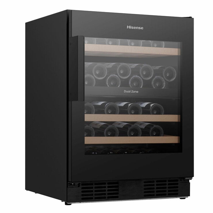 Hisense RW3N122GSLF, 46 Bottle Freestanding, Dual Zone Wine Cooler in Black