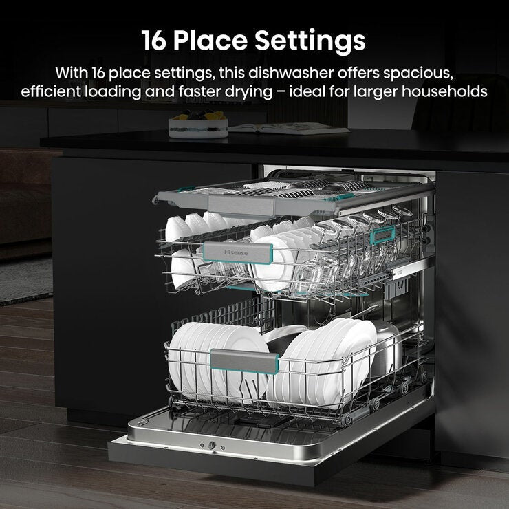 Hisense HS673A90XUK, 16 Place Setting, Freestanding Dishwasher, A Rated in Silver