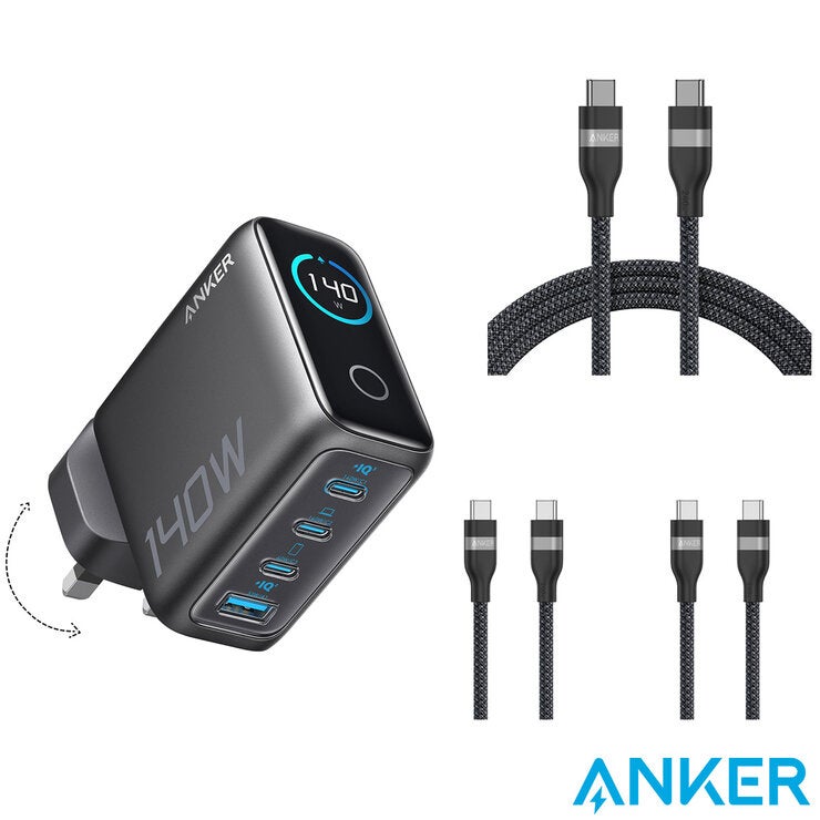Anker Prime 140W 4-Port GaN Charger with 2x 0.9 m and 1x 1.8 m 240W USB-C to USB-C Cables
