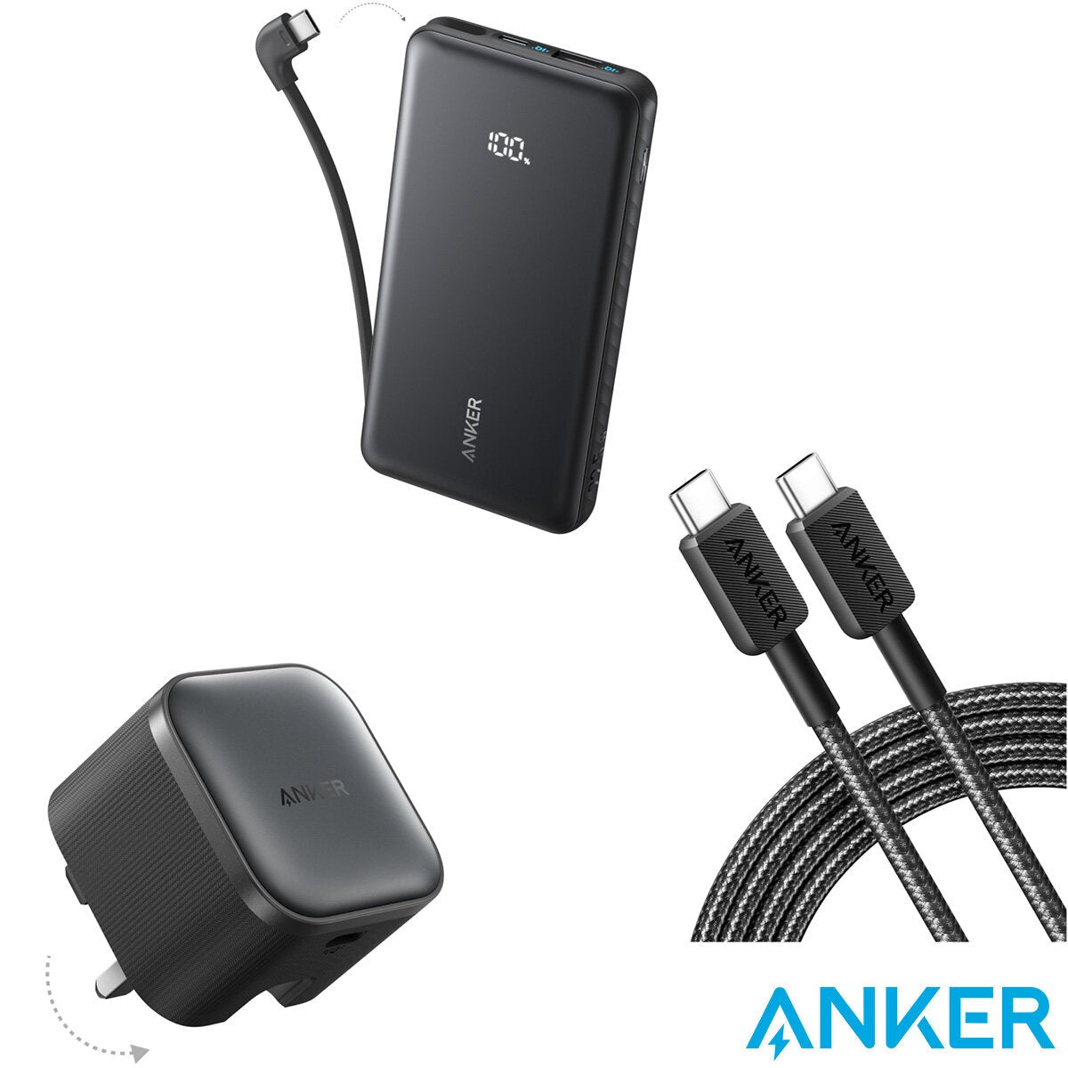 Anker Nano 45W Foldable USB-C Charger, Zolo 10000mAh Power Bank, and 0.9 m Braided USB-C Cable