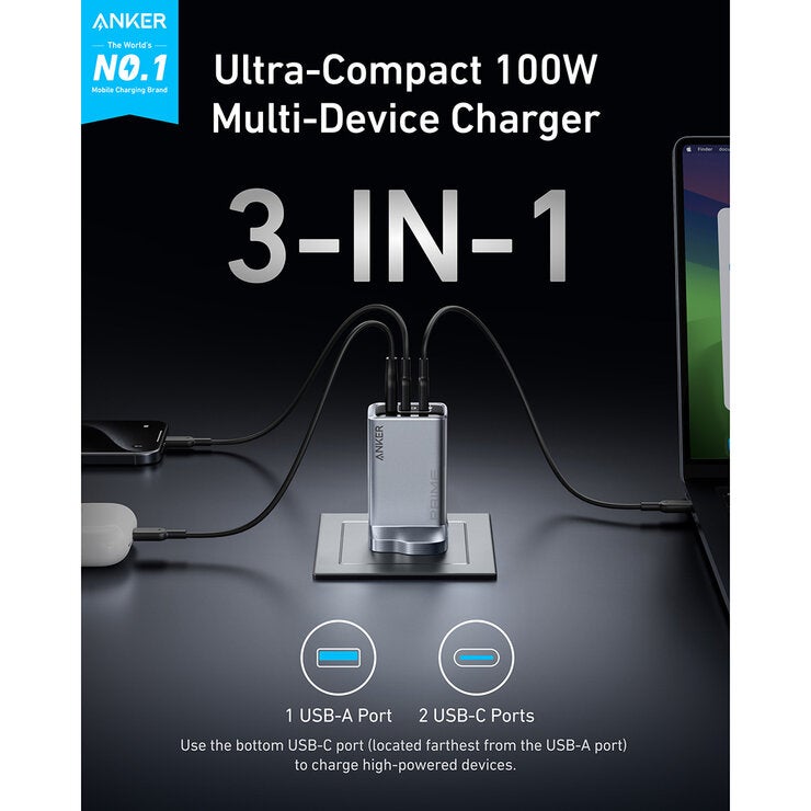 Anker Prime Charger (100W, 3 Ports, GaNPrime) with 0.9 m & 1.8m 240W USB-C Cables