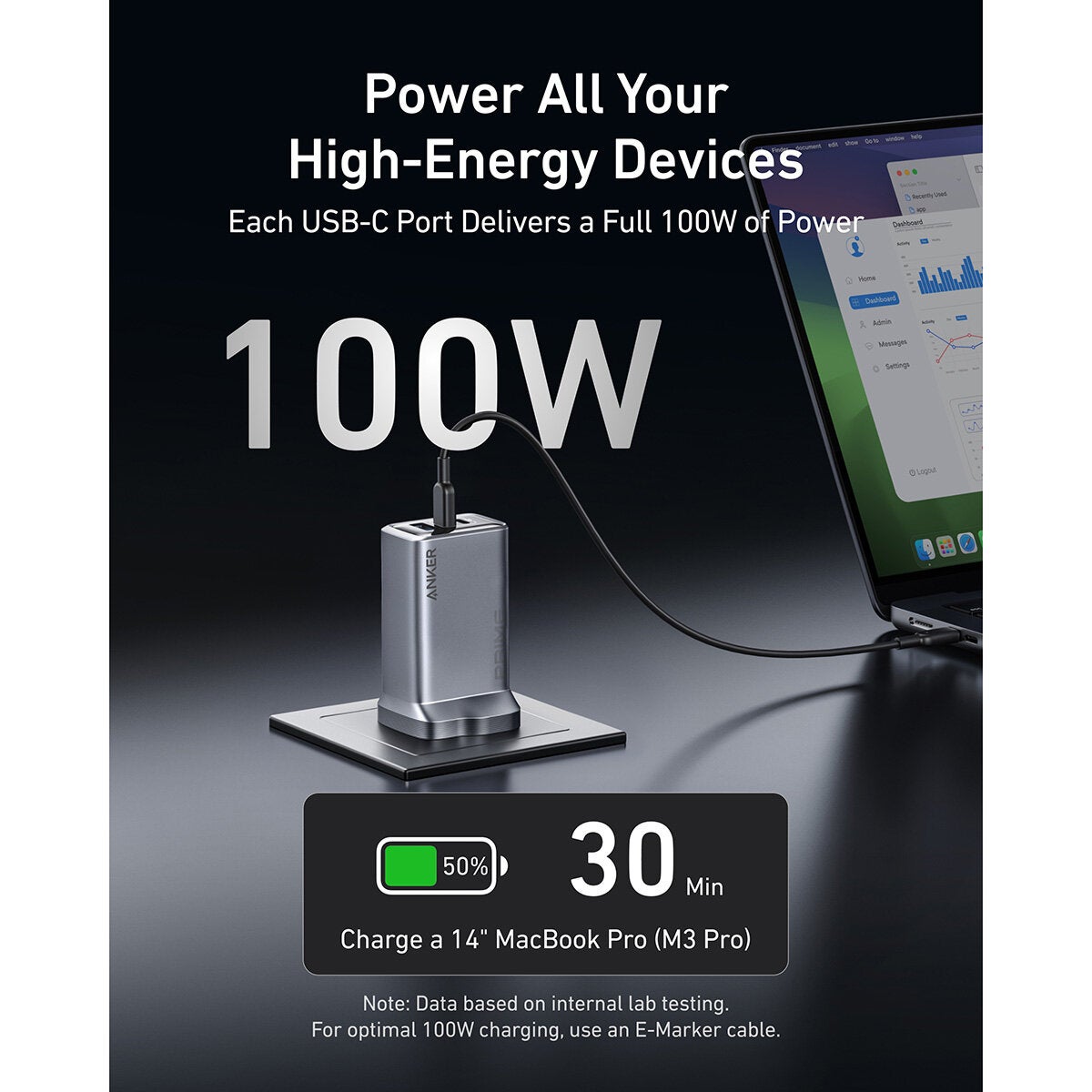 Anker Prime Charger (100W, 3 Ports, GaNPrime) with 0.9 m & 1.8m 240W USB-C Cables