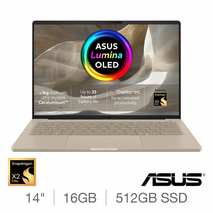 ASUS Zenbook A14, Copilot+ PC, Snapdragon X2 Elite, 16GB RAM, 512GB SSD, 14 Inch OLED Laptop, UX3407NA-QD182W