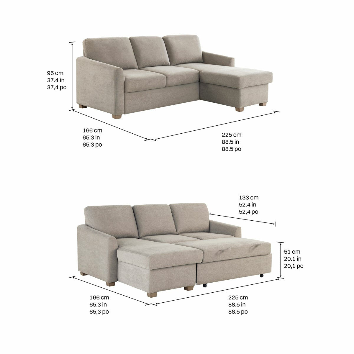 Coddle Cameron Fabric Sofa Bed with Reversible Chaise, Taupe