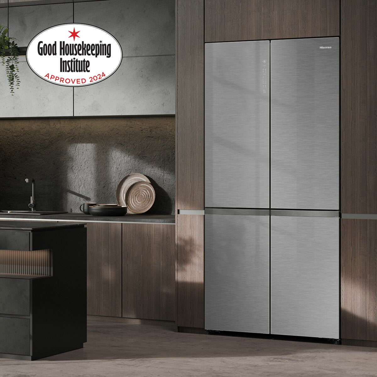 Hisense KitchenFit RQ768N4GVE, Non Plumbed Multidoor Fridge Freezer, E Rated In Silver Glass