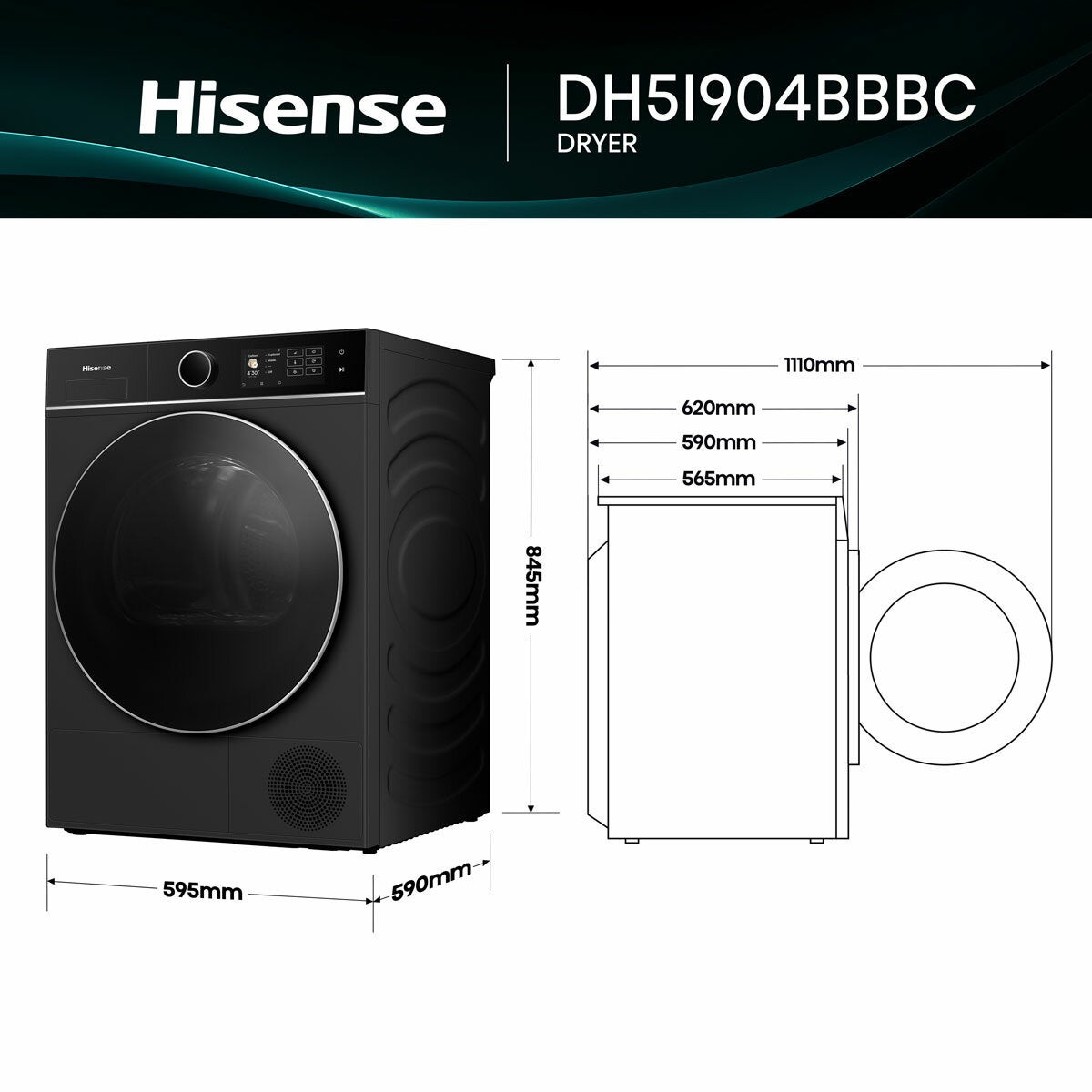 Hisense KitchenFit 5i Series DH5I904BBBC, 9kg Heat Pump Dryer, A+++ Rated in Black