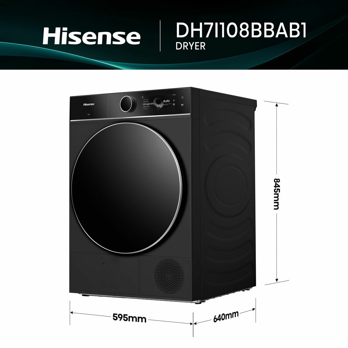 Hisense 7i Series DH7I108BBAB1 10kg Heat Pump Dryer, A+++ Rated in Black