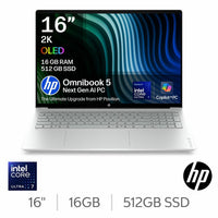 HP Omnibook 5, Copilot+ PC, Intel Core Ultra 7, 16GB RAM, 512GB SSD, 16 inch OLED Laptop, 16-bm0000nax