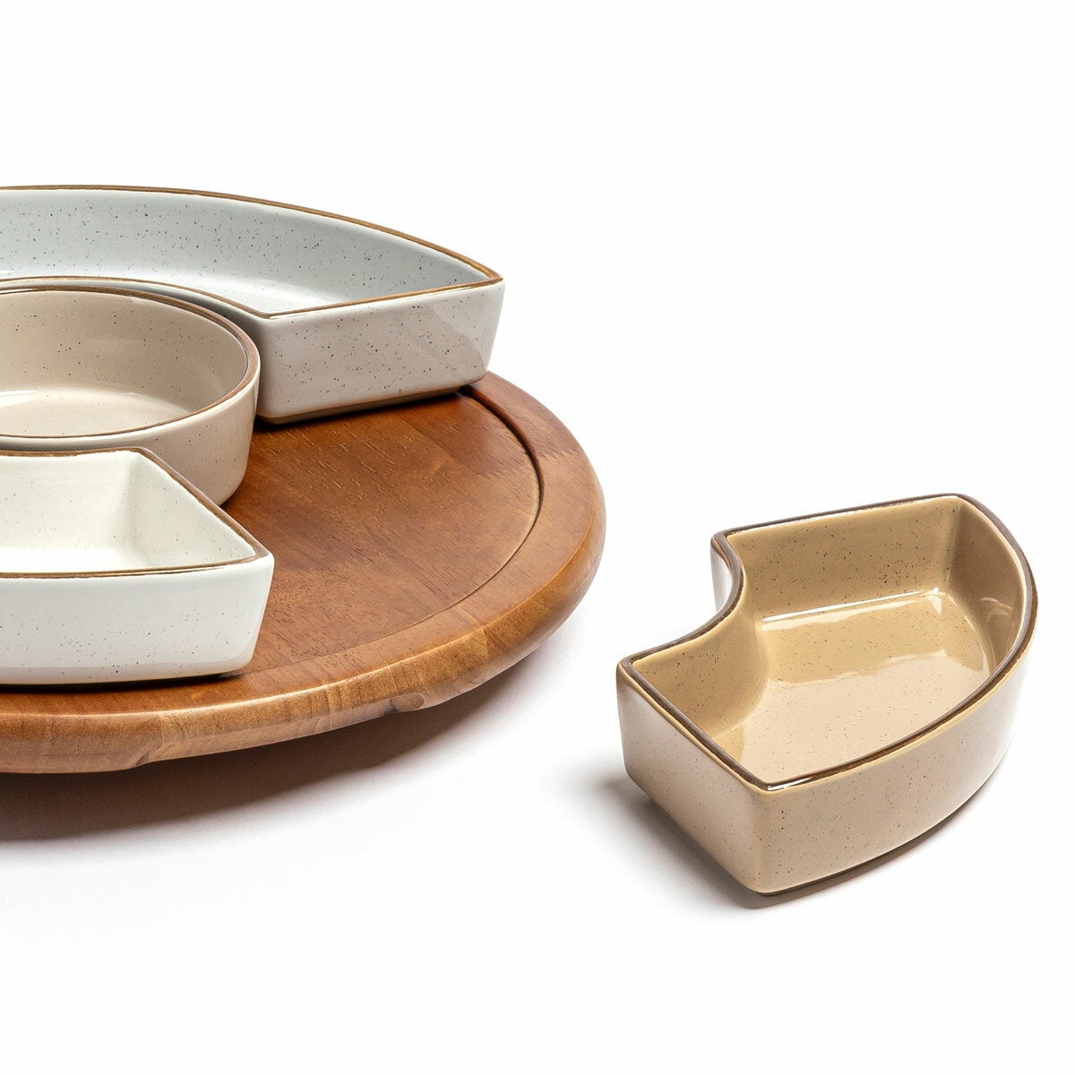 Over & Back Acacia Lazy Susan, with 5 Stoneware Dishes