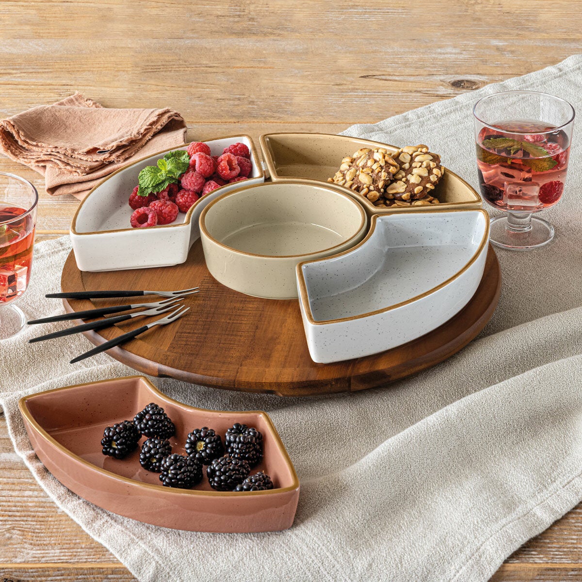 Over & Back Acacia Lazy Susan, with 5 Stoneware Dishes