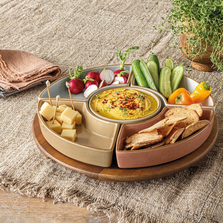 Over & Back Acacia Lazy Susan, with 5 Stoneware Dishes