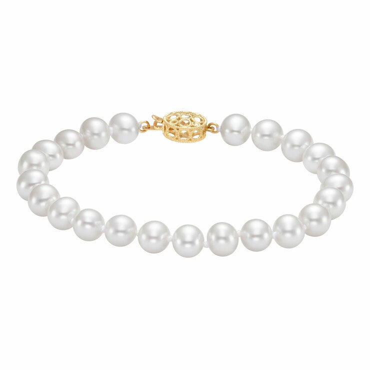 7-7.5mm Cultured Freshwater White Pearl Bracelet, 14ct Yellow Gold