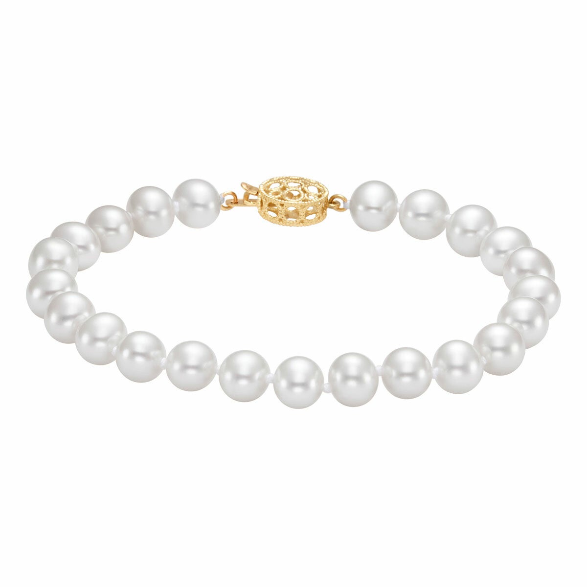 7-7.5mm Cultured Freshwater White Pearl Bracelet, 14ct Yellow Gold