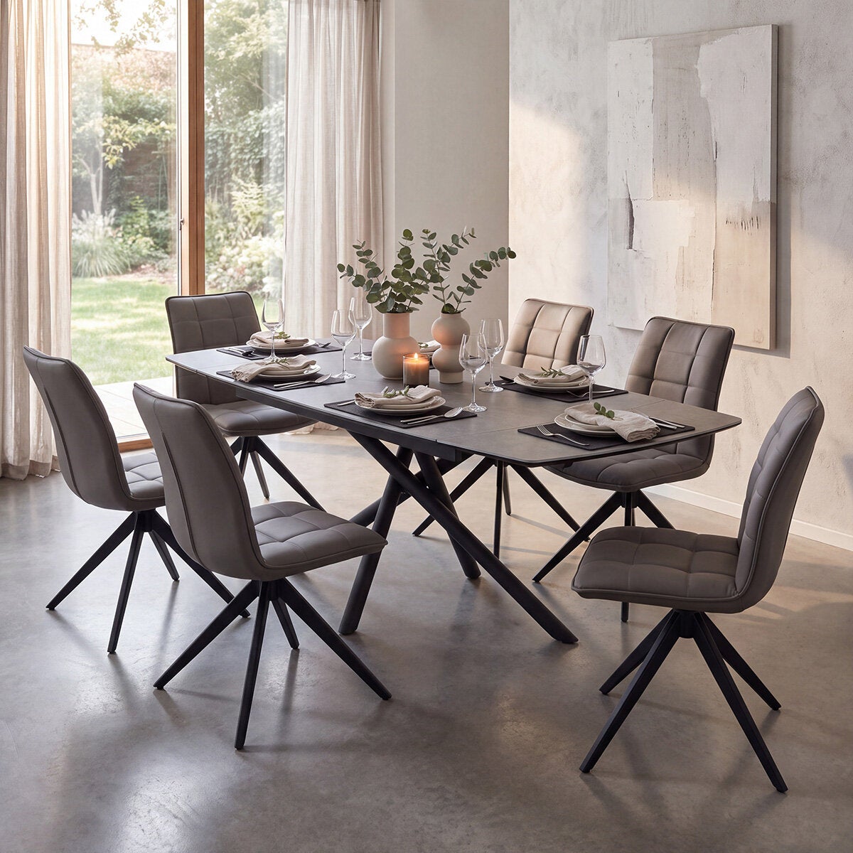Indus Valley Skylar Small Ceramic Extending Dining Table + 6 Grey Chairs, Seats 6