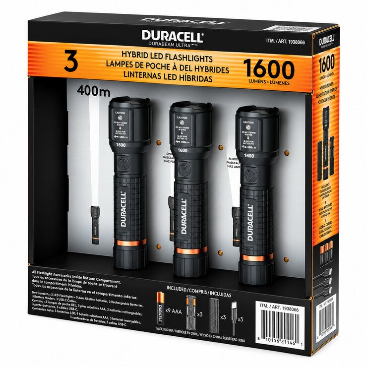 Duracell 1,600 Lumen Hybrid LED Flashlight, 3 Pack