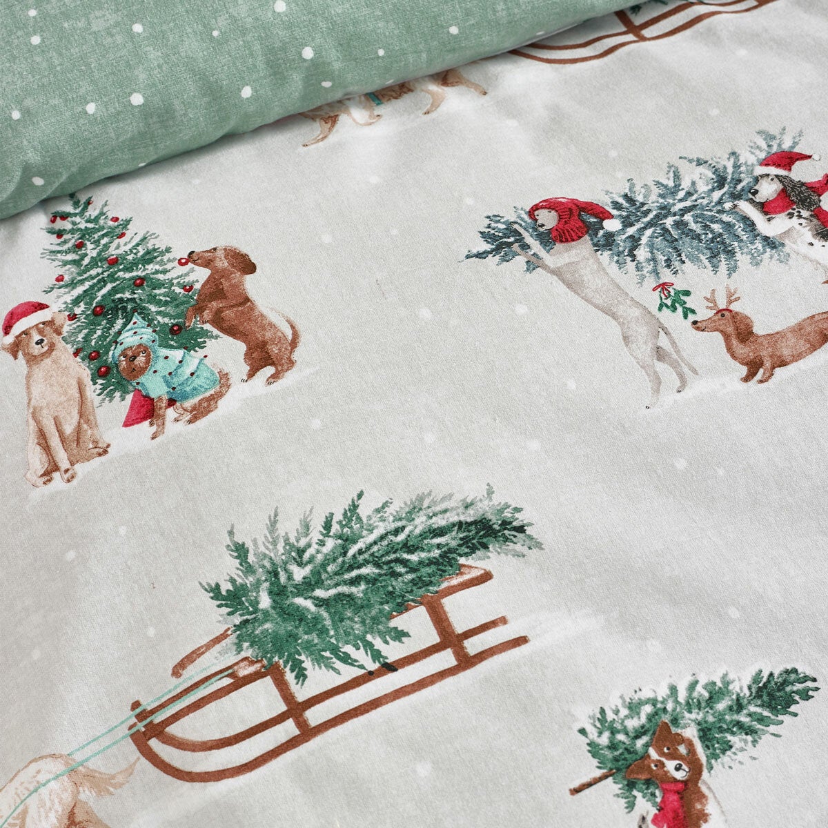 Catherine Lansfield Brushed Cotton Christmas Dogs Reversible Duvet Cover Set In 4 Sizes