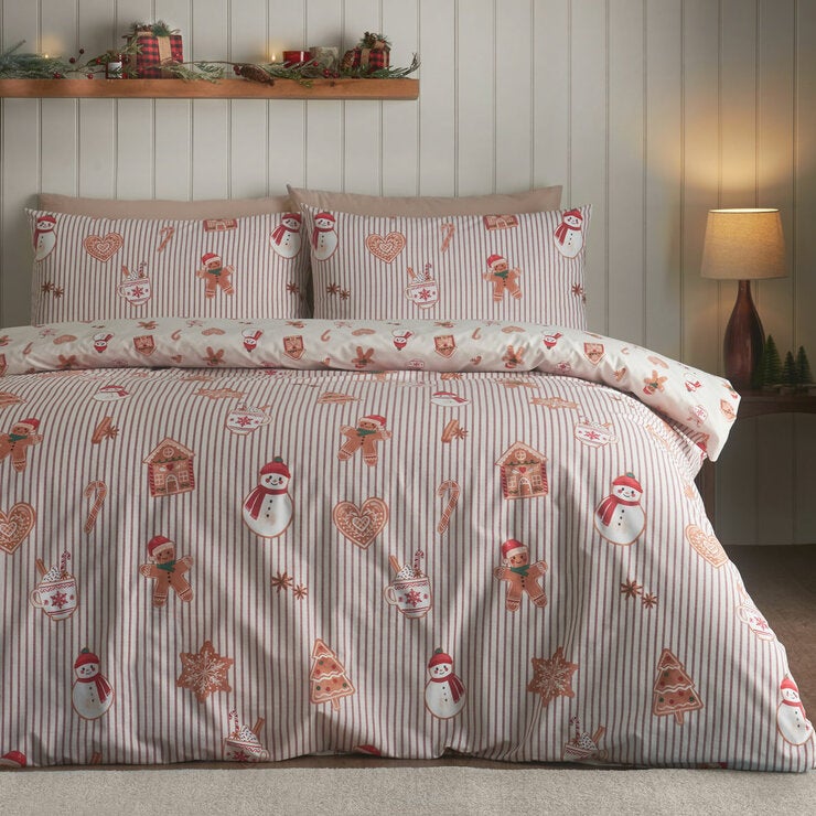 Catherine Lansfield Christmas Gingerbread Stripe Reversible Duvet Cover Set In 3 Sizes