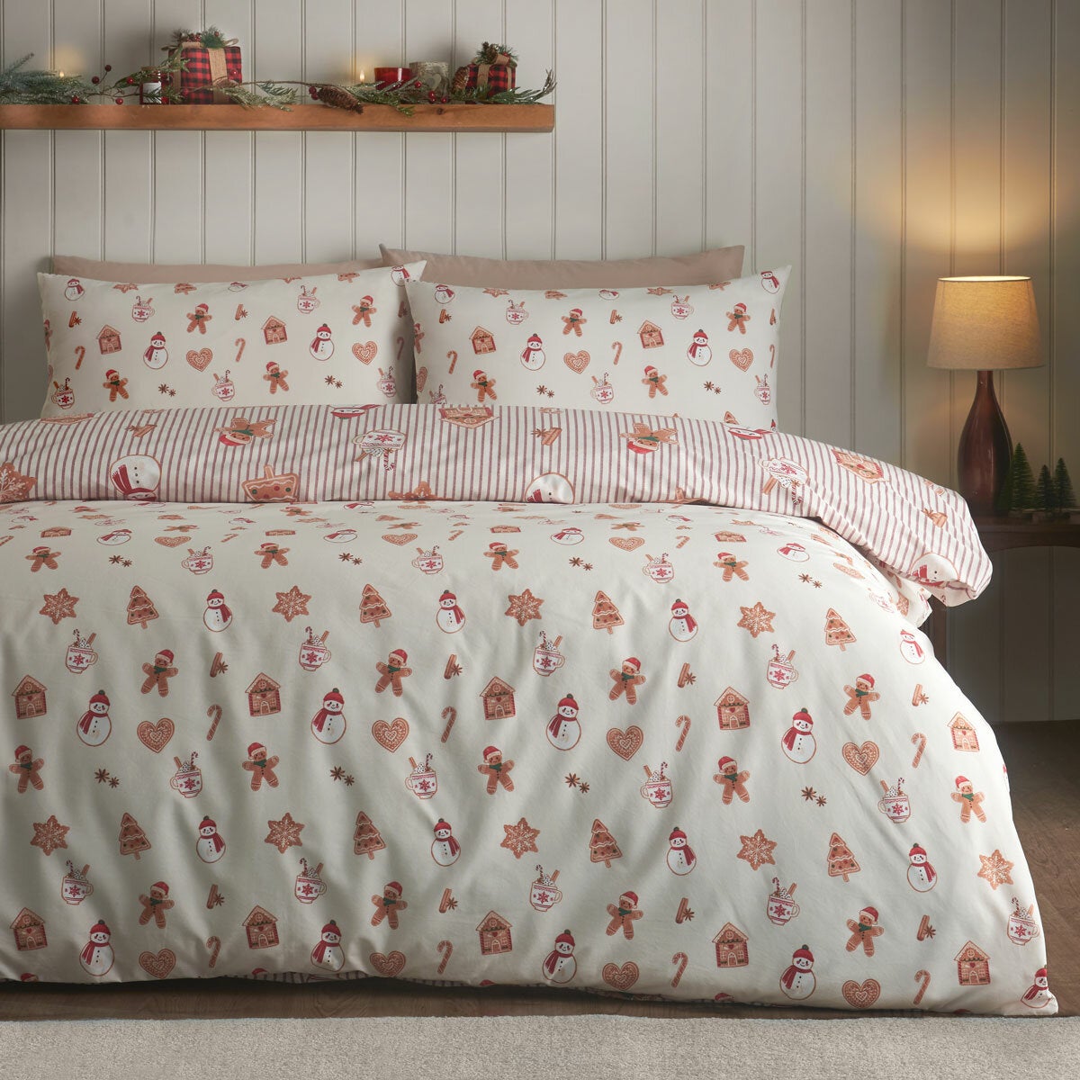 Catherine Lansfield Christmas Gingerbread Stripe Reversible Duvet Cover Set In 3 Sizes