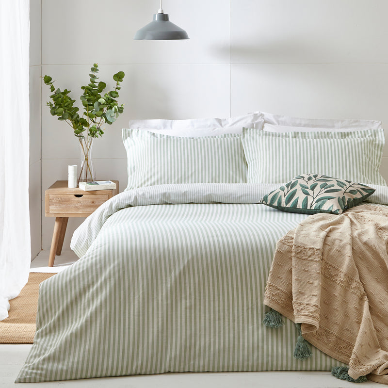 Hebden Green Stripe 100% Cotton Duvet Cover Set | Eucalyptus Bedding | Yard – Riva Home