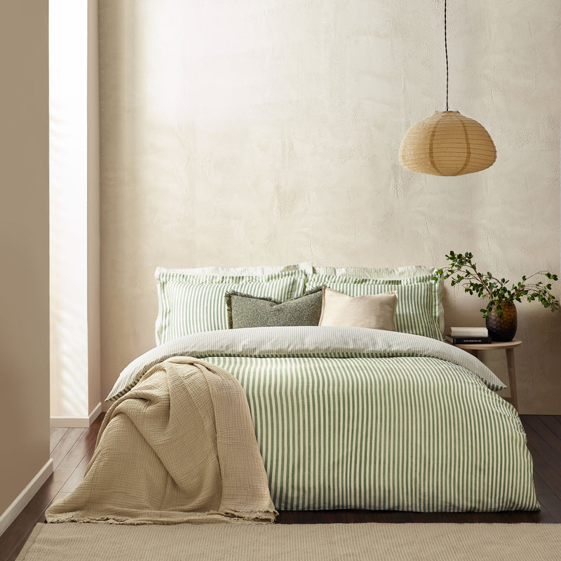Hebden Green Stripe 100% Cotton Duvet Cover Set | Forest Bedding | Yard – Riva Home