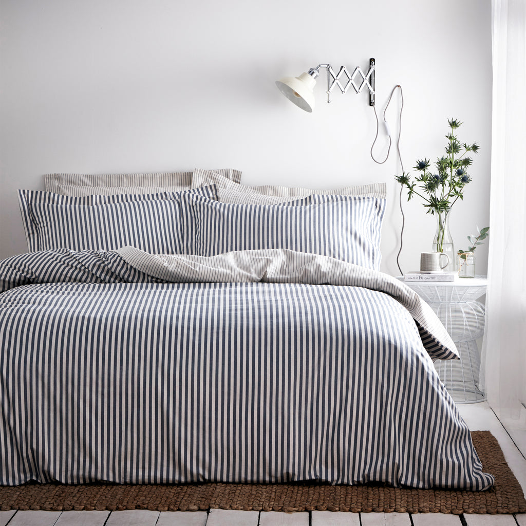 Hebden Stripe 100% Cotton Duvet Cover Set Navy