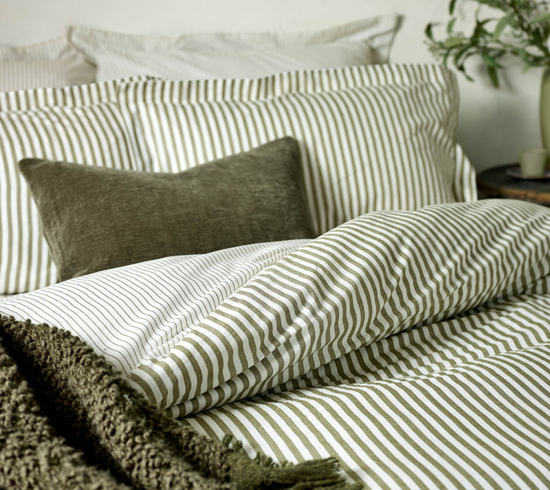 Hebden Green Stripe 100% Cotton Duvet Cover Set | Olive Bedding | Yard – Riva Home
