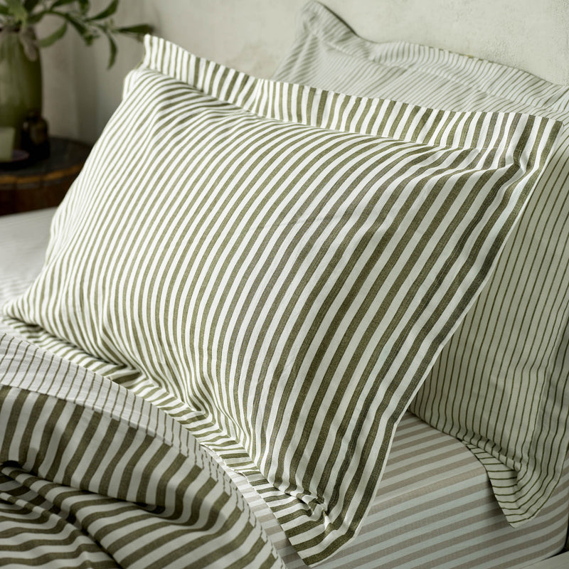 Hebden Green Stripe 100% Cotton Duvet Cover Set | Olive Bedding | Yard – Riva Home