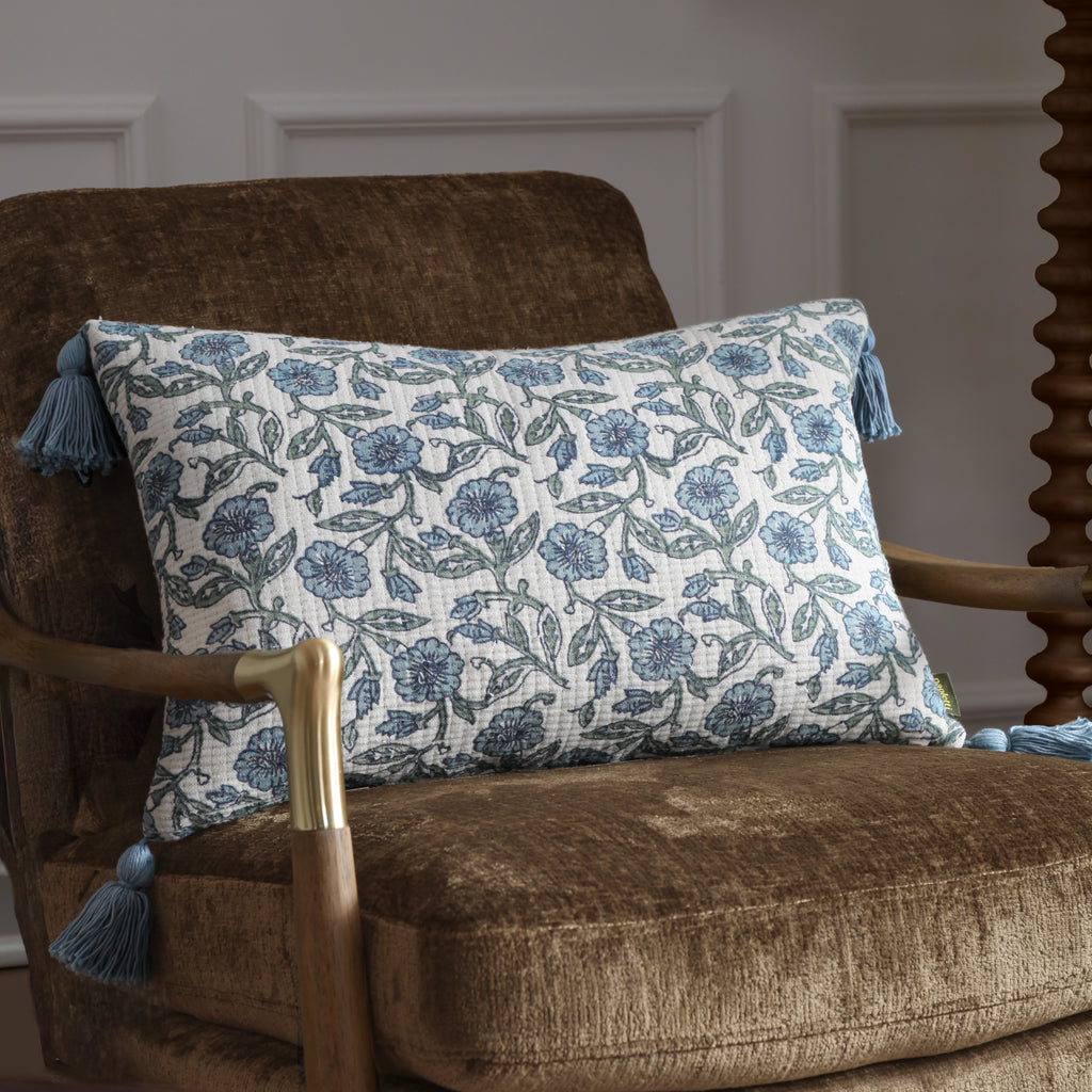 Delphine Floral Tasselled Cushion Delph Blue