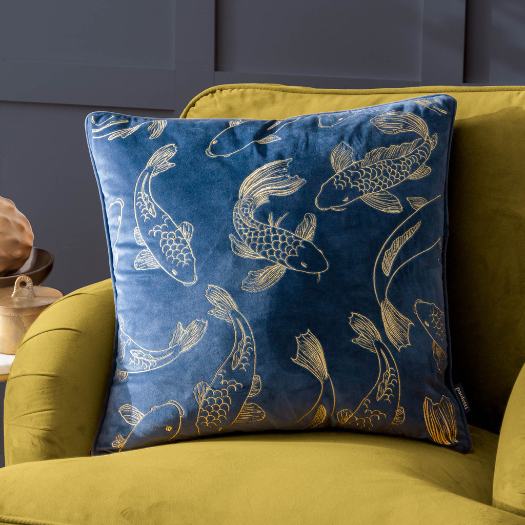 Koi Pond Embroidered Velvet Cushion Navy