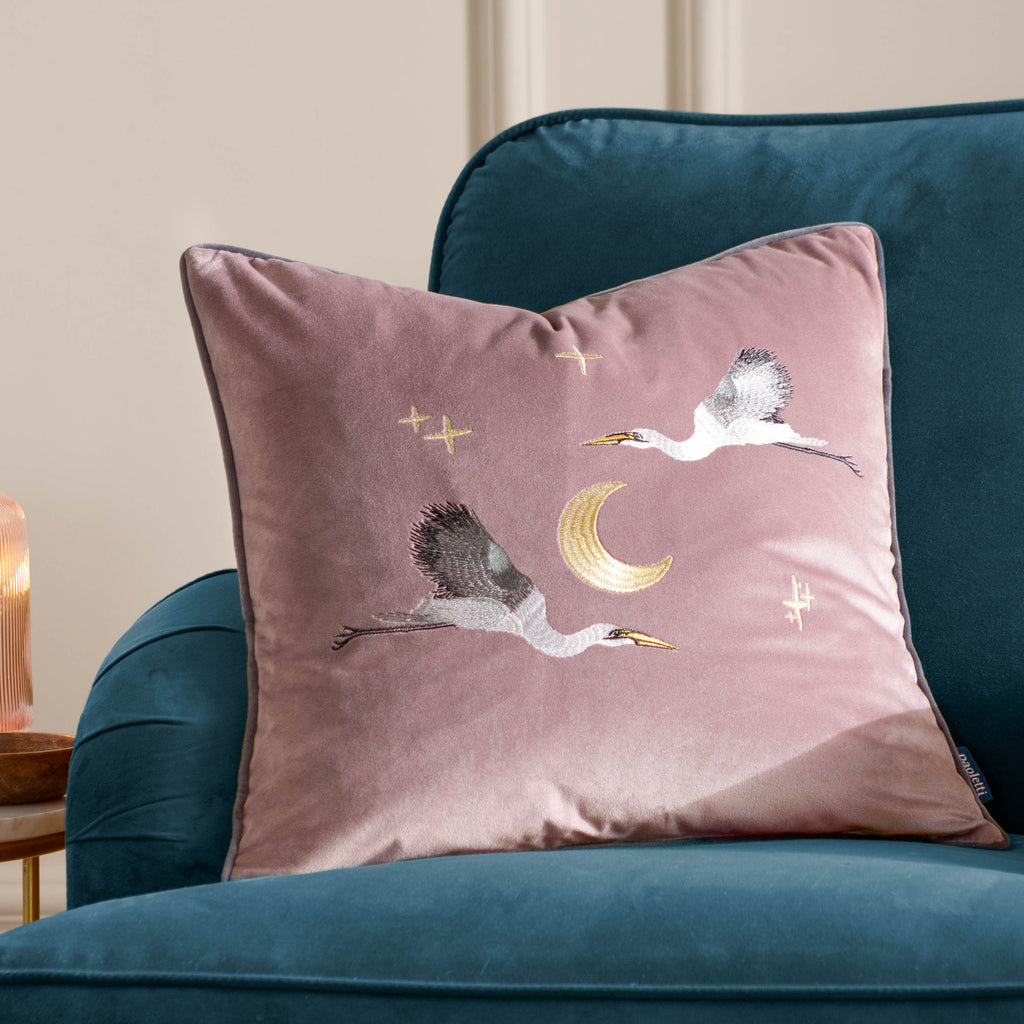 Moonlit Flight Embroidered Velvet Cushion Dusty Pink