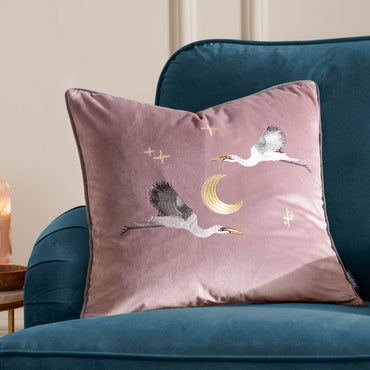 Moonlit Flight Embroidered Velvet Cushion Dusty Pink