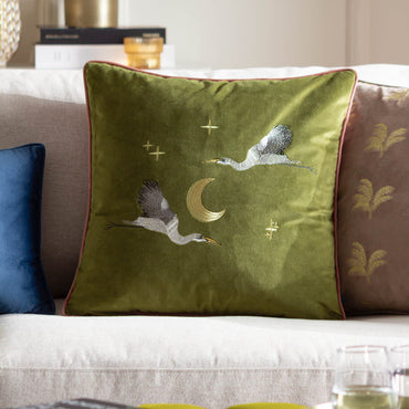 Moonlit Flight Embroidered Velvet Cushion Olive