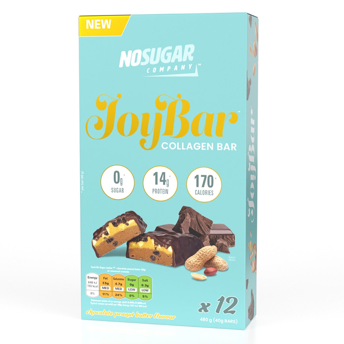 No Sugar Company Joy Bar Chocolate & Peanut Butter Collagen Bar, 12 x 40g