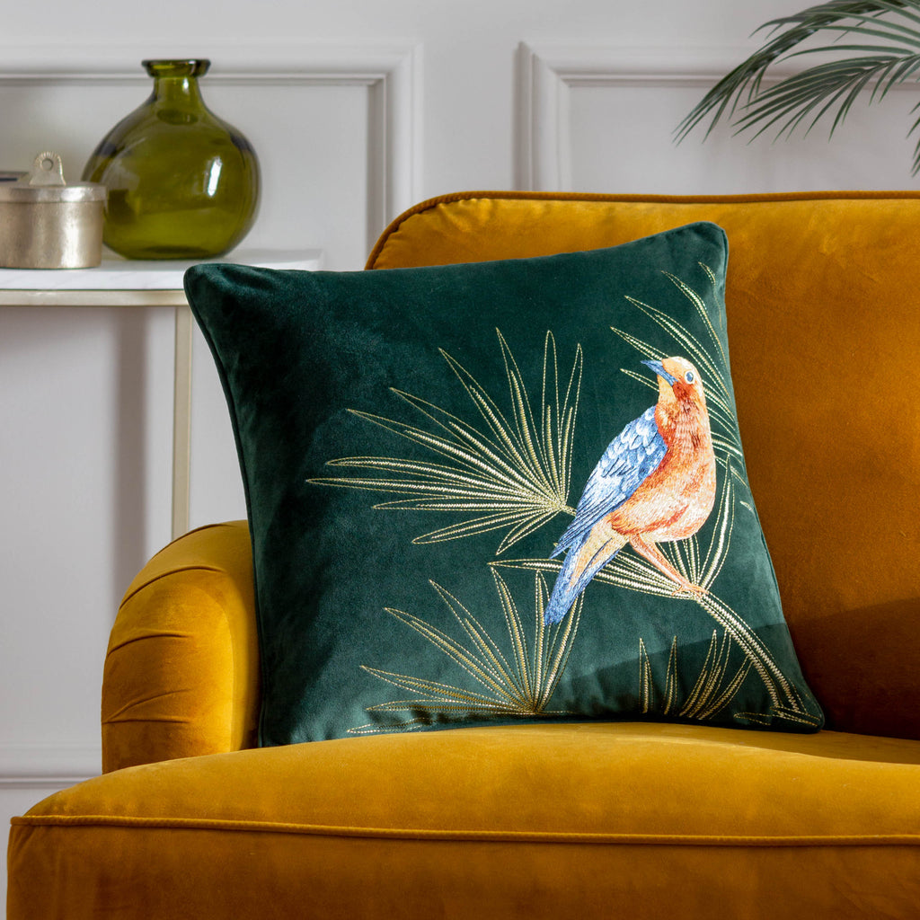 Odisha Exotic Bird Embroidered Cushion Emerald