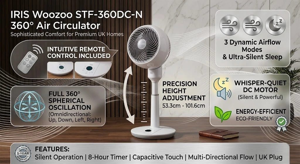 IRIS Woozoo STF-360DC-N 360 Pedestal Air Circulator in White/Grey
