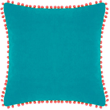 Velvet Pompom Cushion Teal/Coral