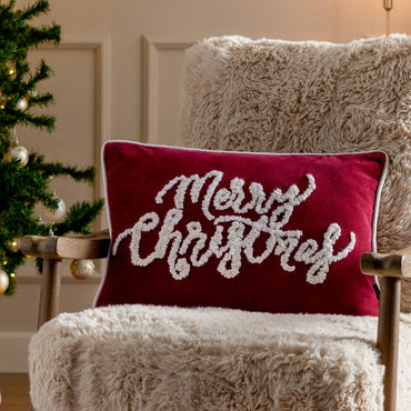 Winter Merry Christmas Applique Velvet Cushion Red